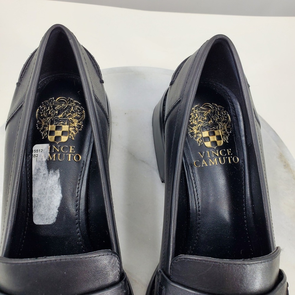 Vince Camuto Erinesa Black Leather Block Heel Penny Loafers Gold Crest Chubky - Picture 8 of 11